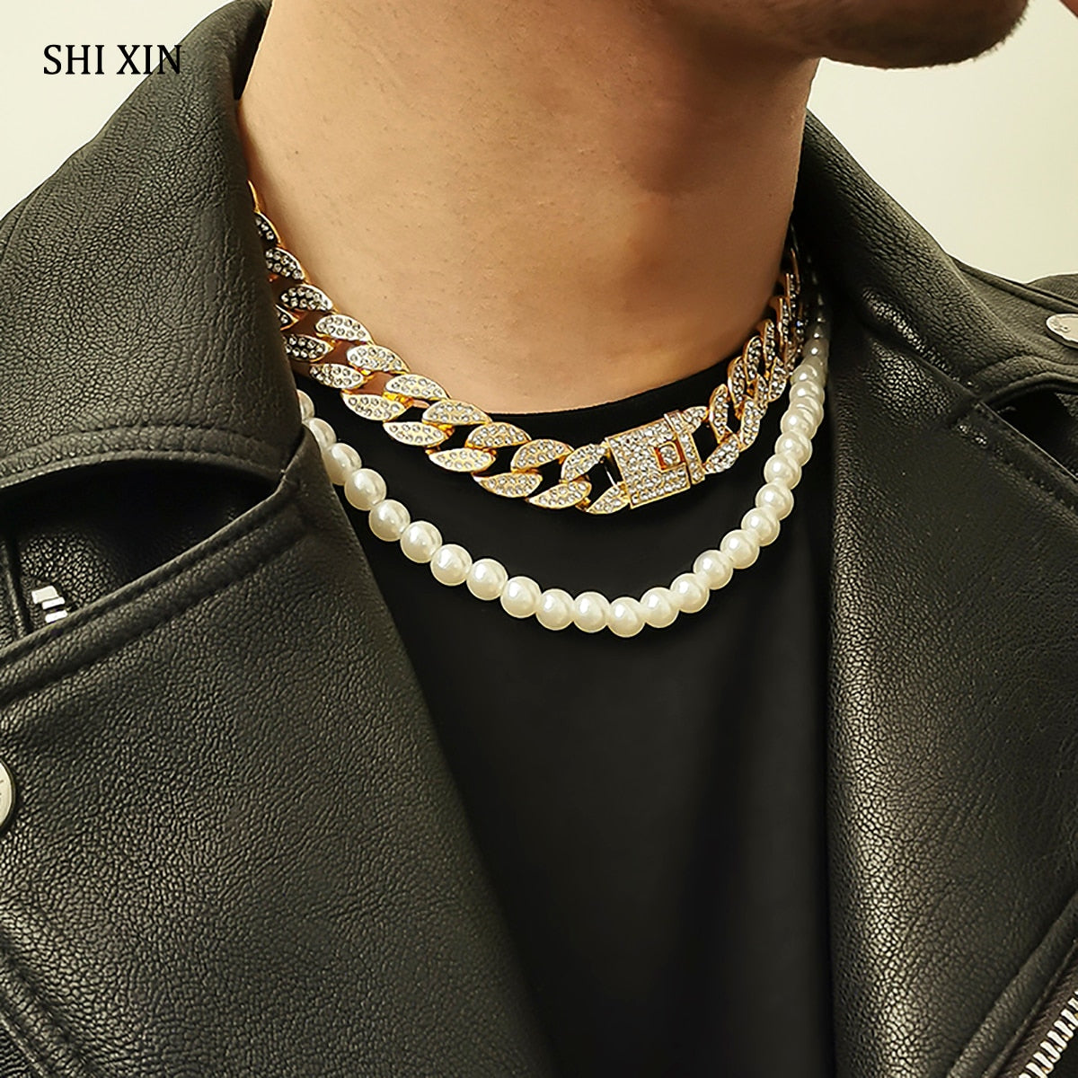 SHIXIN Hip Hop Iced Out Link Chain Necklace on the Neck Rhinestone/Pearl Choker Necklace for Women/Men Statement Jewelry Collier