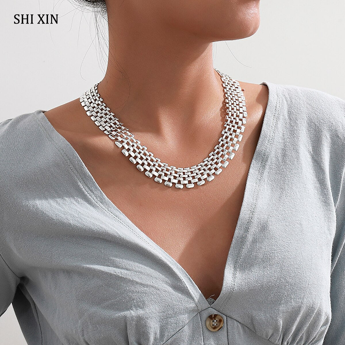 SHIXIN Hip Hop Short Choker Colar Necklace for Women Silver Color Chunky Necklaces on Neck Statement Jewelry Collier Femme 2021