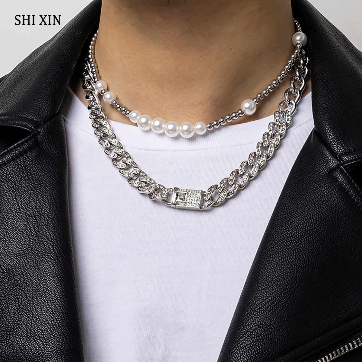 SHIXIN Hiphop Iced Out Rhinestone Chain Choker Necklace Colar for Women/Men Layered Pearl/Crystal Necklace Cuban Link Chain Neck
