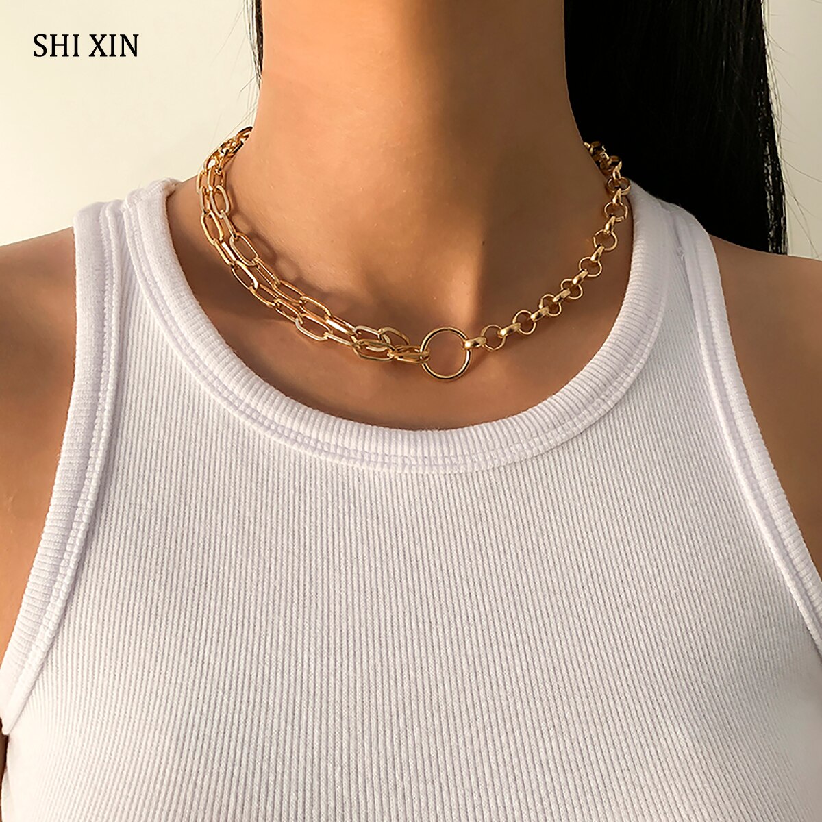 SHIXIN Layered Asymmetry Chunky Chain Necklace Women Short Choker Necklace Chain on the Neck 2021 Necklaces Jewelry Gift