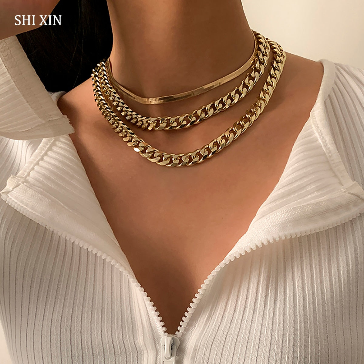 SHIXIN Layered Thick Link Chain Necklace for Women Hip Hop Snake Chain Chunky Choker Necklaces on the Neck Jewelry Gifts