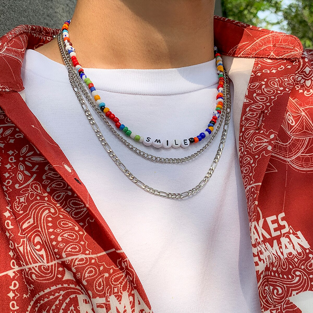 SHIXIN Layered Thin Chain With Beads Necklace for Men Women Boho Multicolor Acrylic Letter Choker Necklace Jewelry  2022