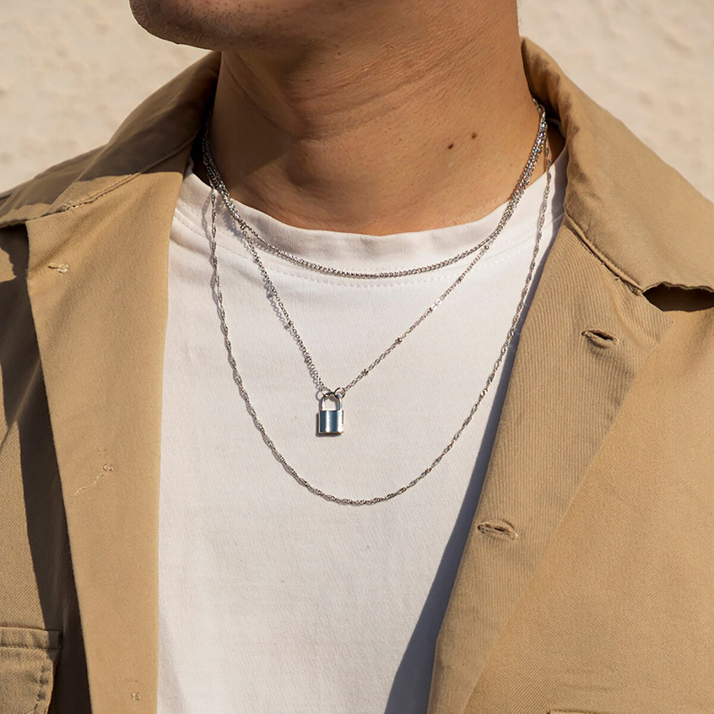 SHIXIN Multi Layered Small Beads Chains with Lock Pendant Necklace for Women/Men Gold/Silver Color Padlock Necklaces on the Neck