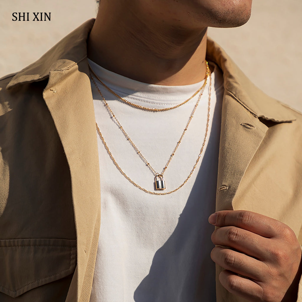 SHIXIN Multi Layered Small Beads Chains with Lock Pendant Necklace for Women/Men Gold/Silver Color Padlock Necklaces on the Neck