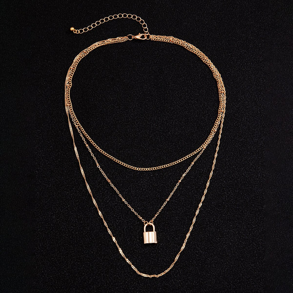 SHIXIN Multi Layered Small Beads Chains with Lock Pendant Necklace for Women/Men Gold/Silver Color Padlock Necklaces on the Neck