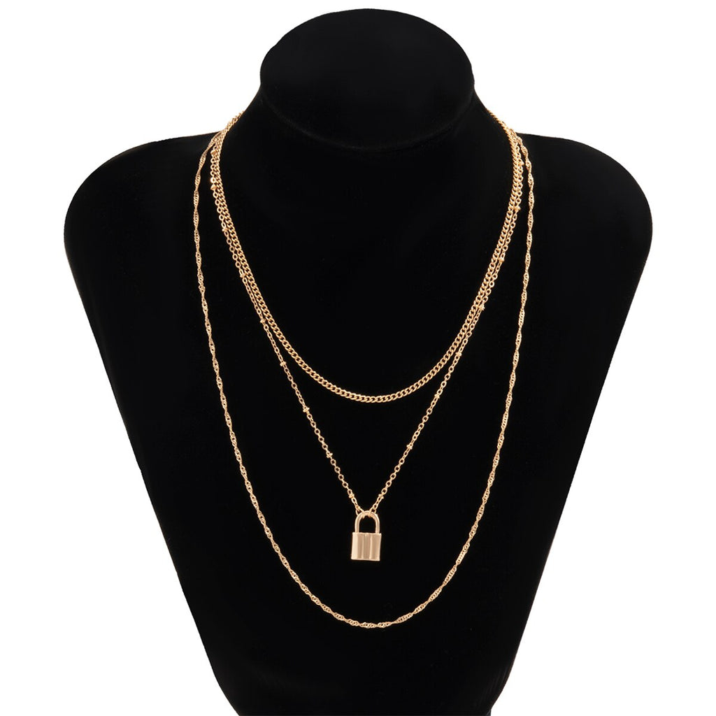 SHIXIN Multi Layered Small Beads Chains with Lock Pendant Necklace for Women/Men Gold/Silver Color Padlock Necklaces on the Neck