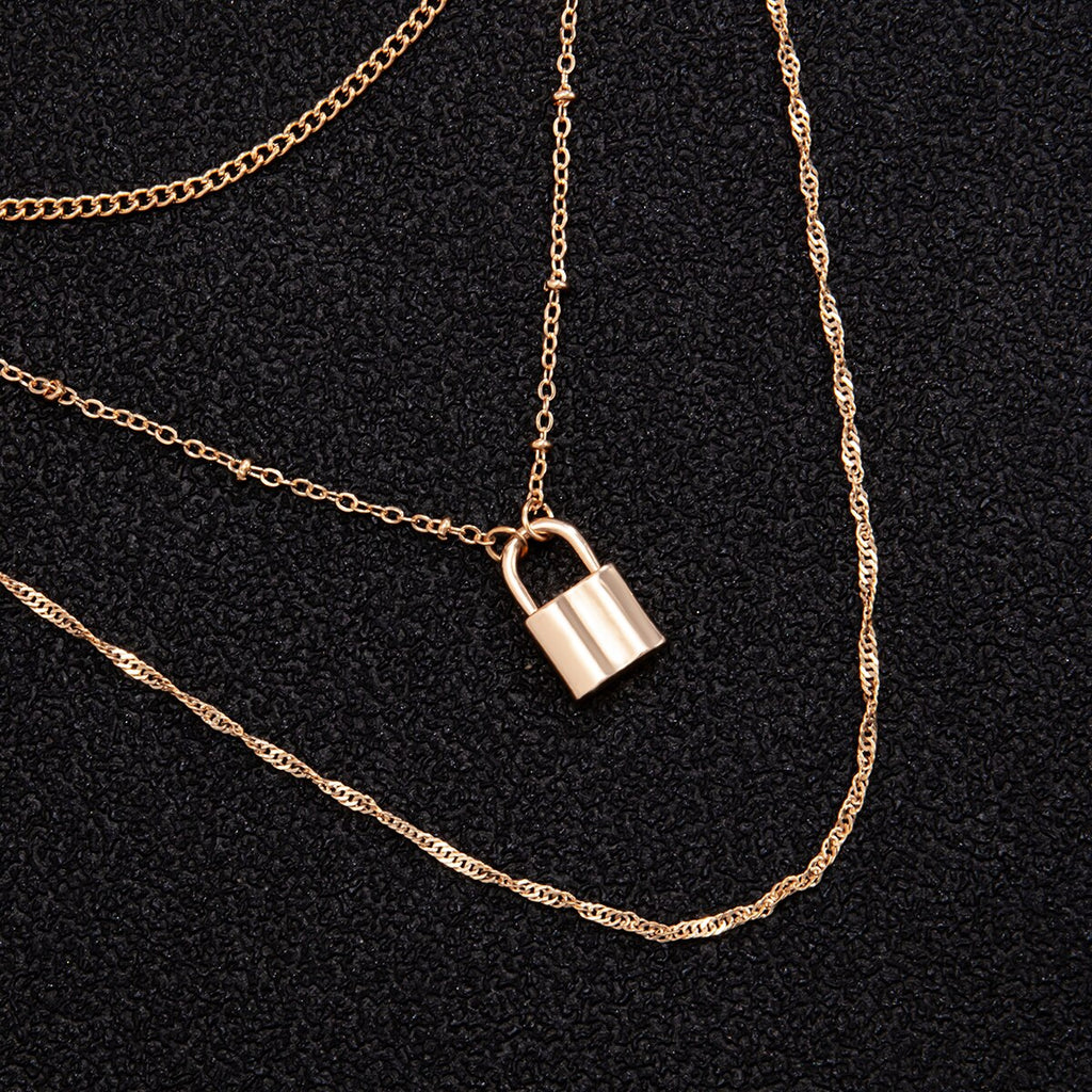 SHIXIN Multi Layered Small Beads Chains with Lock Pendant Necklace for Women/Men Gold/Silver Color Padlock Necklaces on the Neck