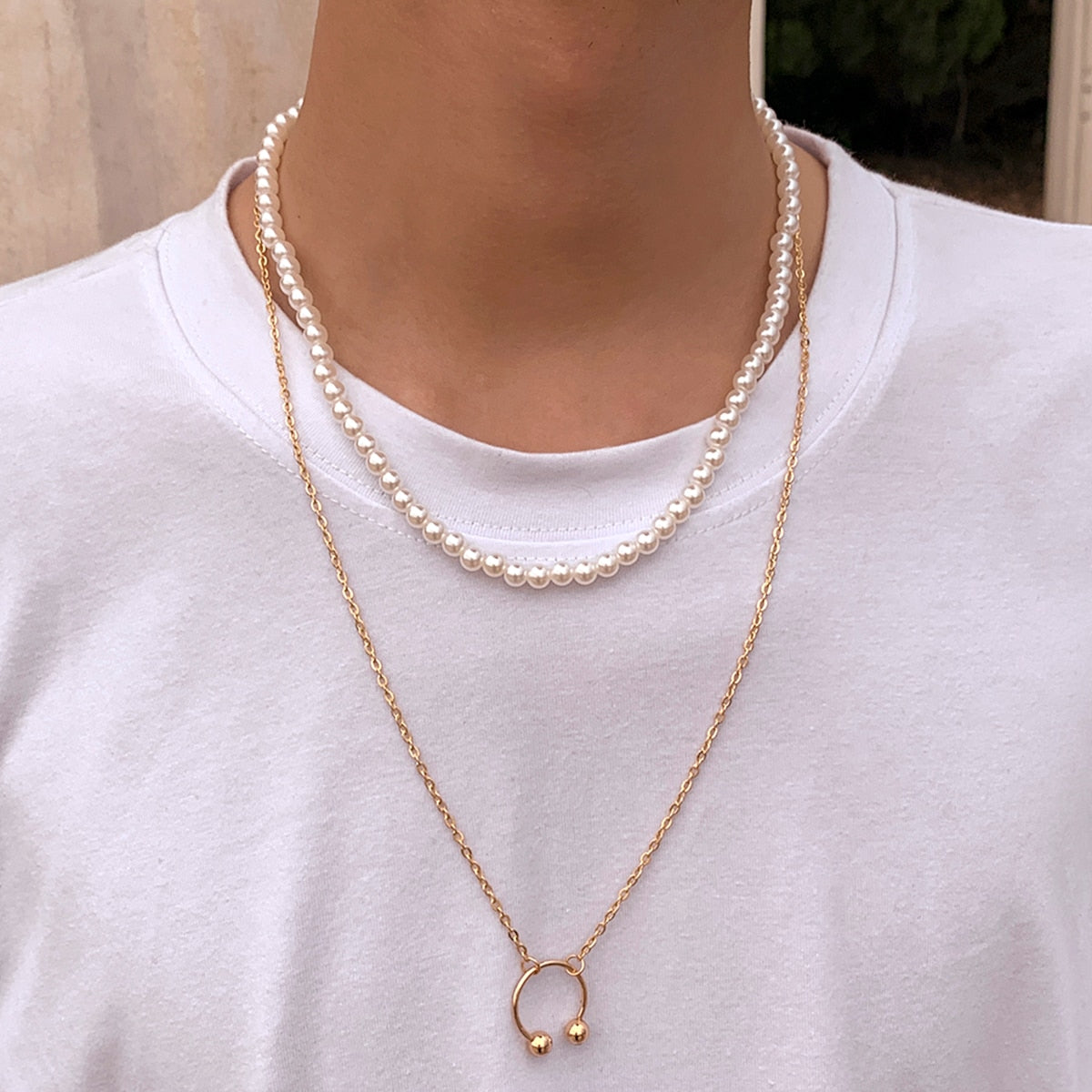 SHIXIN Trendy 2 Pcs Layered Pearl Pendant Necklaces Set for Men/Women Punk Hip Hop Necklaces Neck Jewelry 2021 Gifts