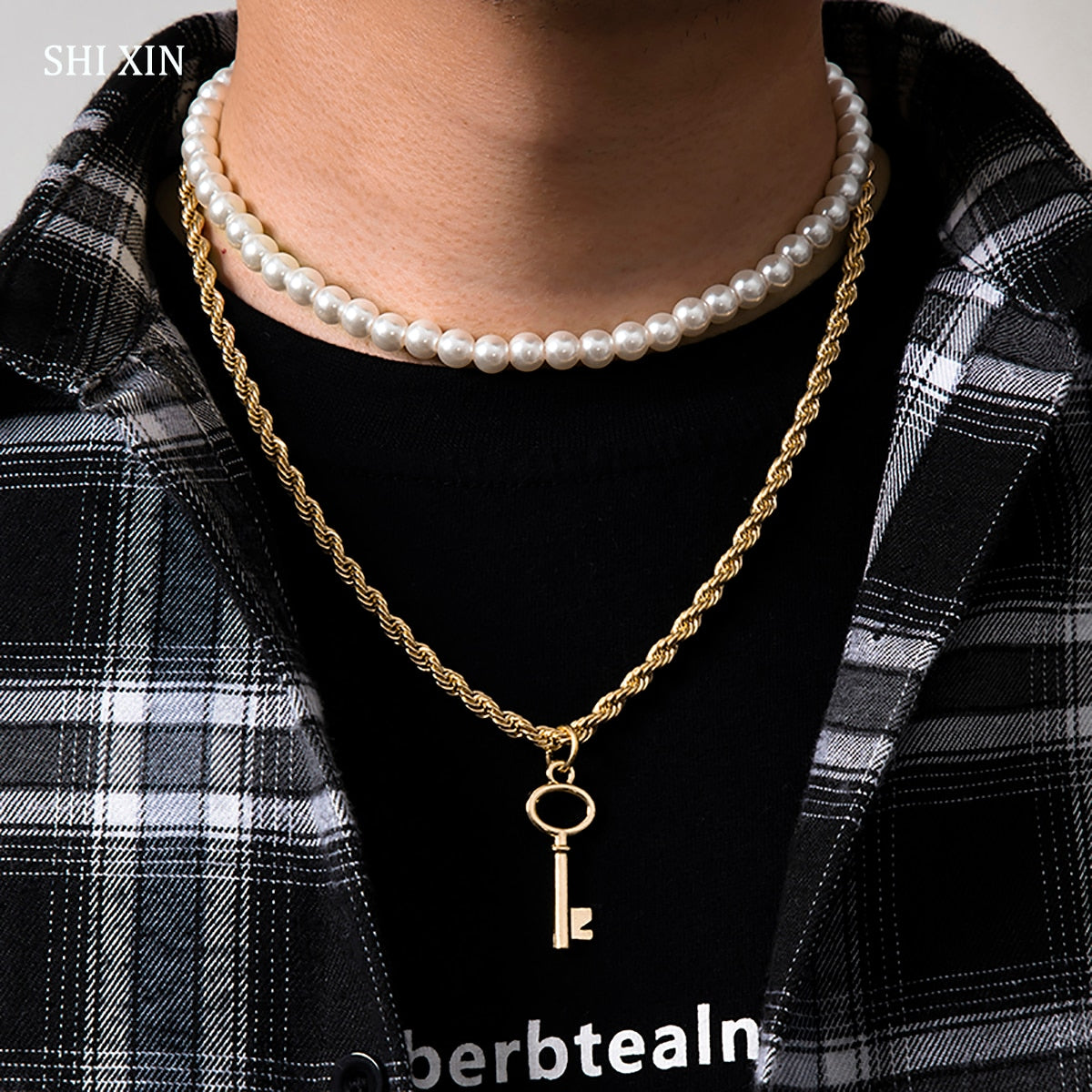 SHIXIN Punk Layered Chain With Key Pendant Necklace Men Short Pearl Choker Necklace for Women Jewelry for Neck 2022 Gift