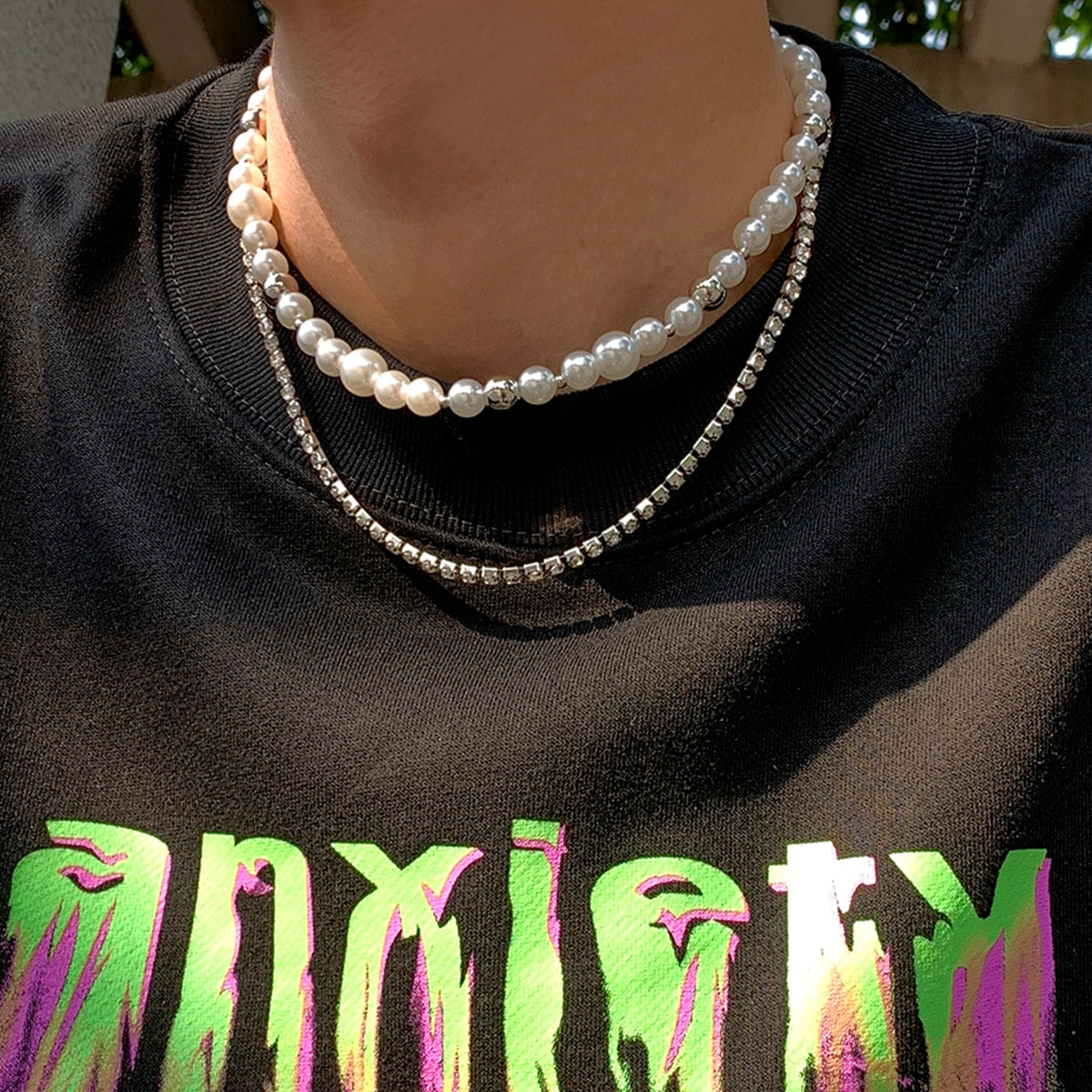 SHIXIN Punk Layered Pearl Beads Choker Necklaces Set for Men Women Shiny Rhinestone Chains Necklaces on the Neck Jewelry