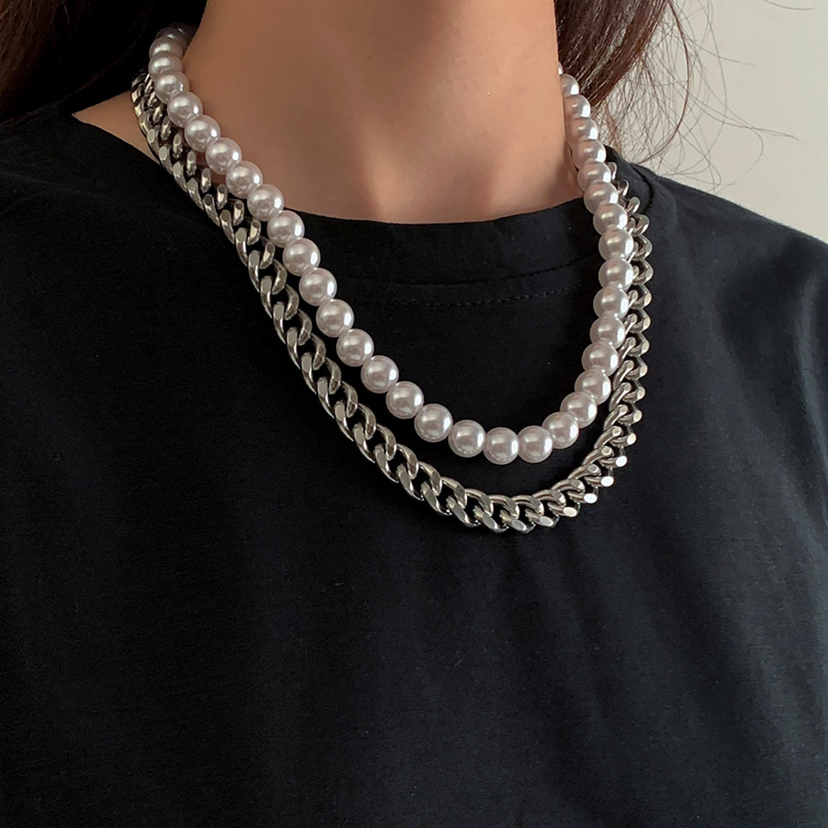 SHIXIN Punk Stainless Steel Layered Pearl Necklaces for Women Men Thick Necklaces Chains on the Neck Jewelry Collar 2021