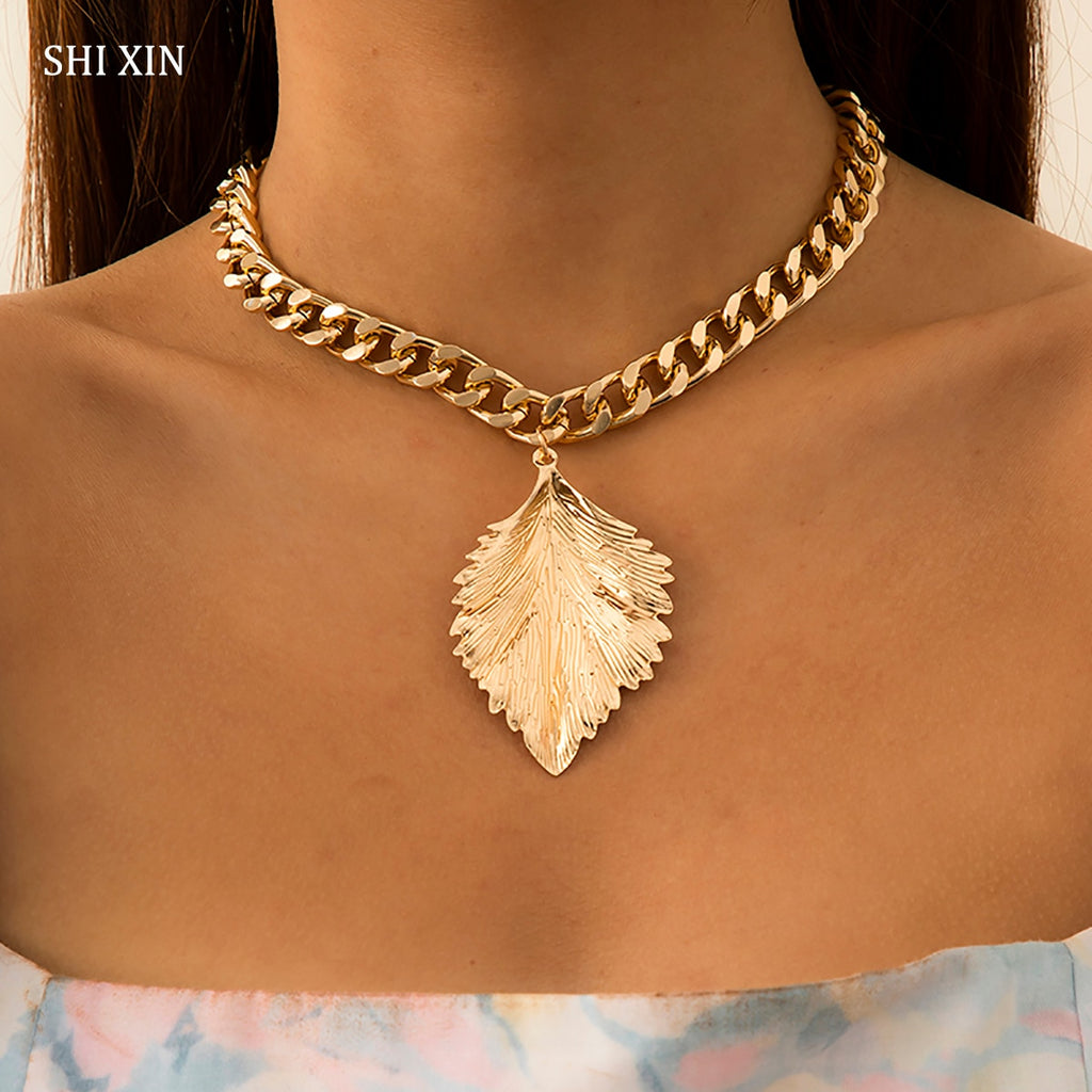 SHIXIN Punk Thick Chain with Big Leaves Pendnat Necklace for Women Hip Hop Gold/Silver Color Short Choker Necklaces 2021 Jewelry