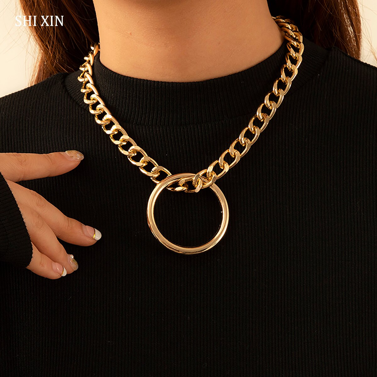 SHIXIN Punk Thick Link Chain With Big Circle Pendant Necklace Women Hip Hop Chunky Short ChokerNecklace Collar 2021 Jewelry Gift