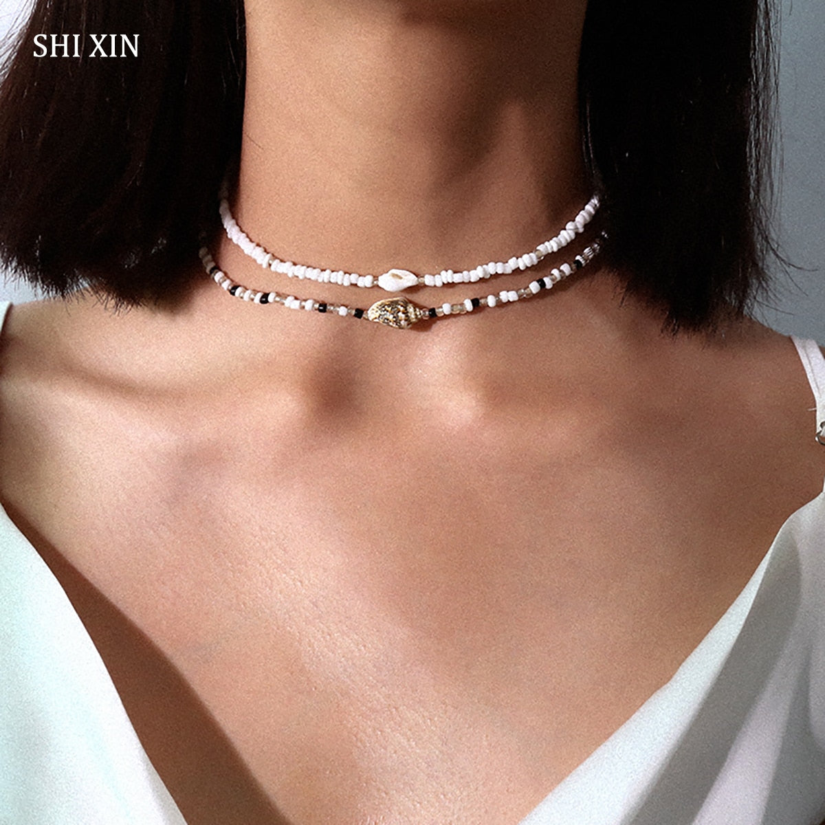 SHIXIN Separable 2 Layered White/Black Beads Necklaces Korean Small Beaded Conch Shell Choker Necklace for Women  Collar