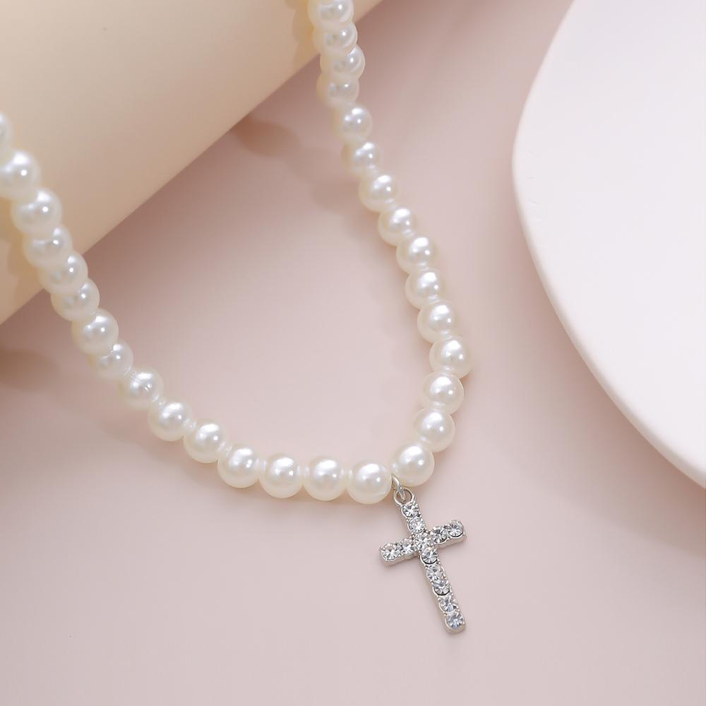 SHIXIN Simulated Pearls Strand Beaded Choker Necklace for Bridal Women Lovely White Beads Crystal Cross Pendant Necklace Jewelry