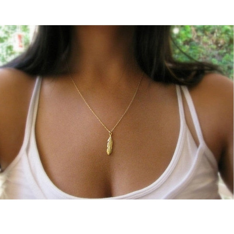 2020 New Fashion wome vintage long necklace jewelry silver gold simple feather pendant necklaces colar Jewelry gifts