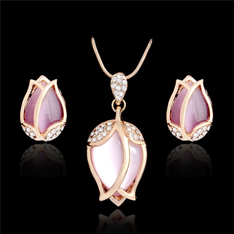 SHUANGR-Bridal-Jewelry-Sets-Parure-Bijoux-Femme-Pink-Natural-Stone-Opal-Tulip-Flowers-Jewelry-Wedding-Jewelry
