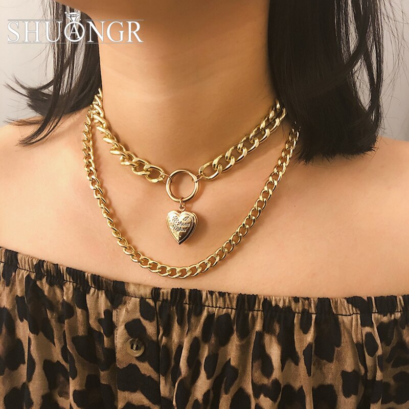 SHUANGR Heart Pendant Necklace Charm Chunky Collar Choker Necklace For Women Gold Sliver Color Girls Chain Jewelry Summer Bijoux
