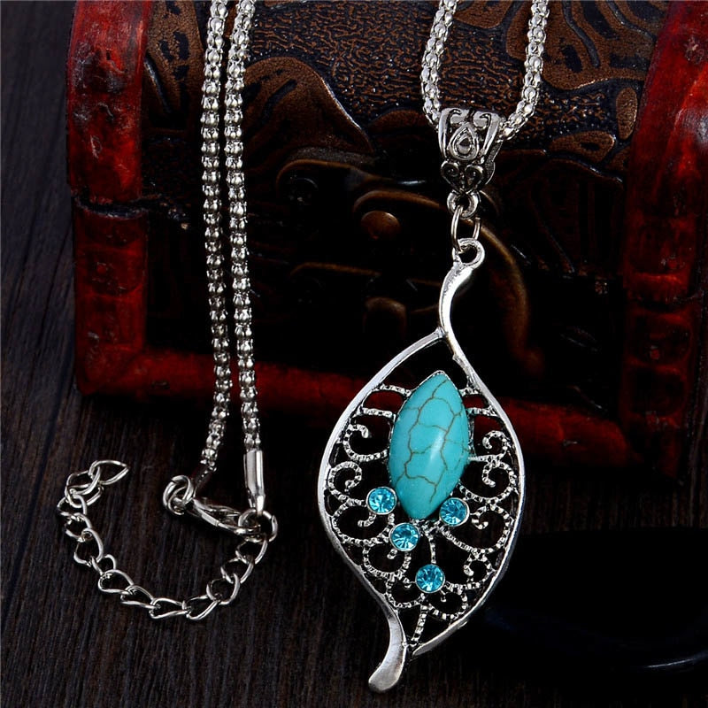 Vintage Retro style leaves necklace fine blue natural stone charm pendant necklace Silver-color jewelry for women