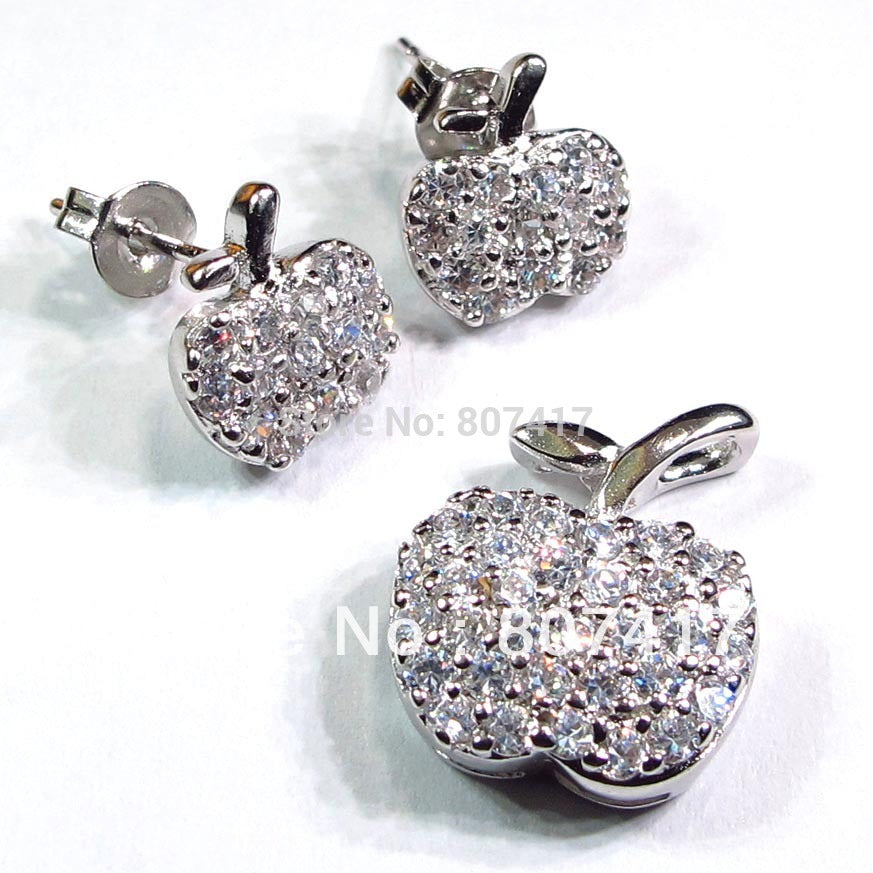 Fashon-Lovely-apple-bright-little-White-crystal-925-SILVER-pendant-earring-R125