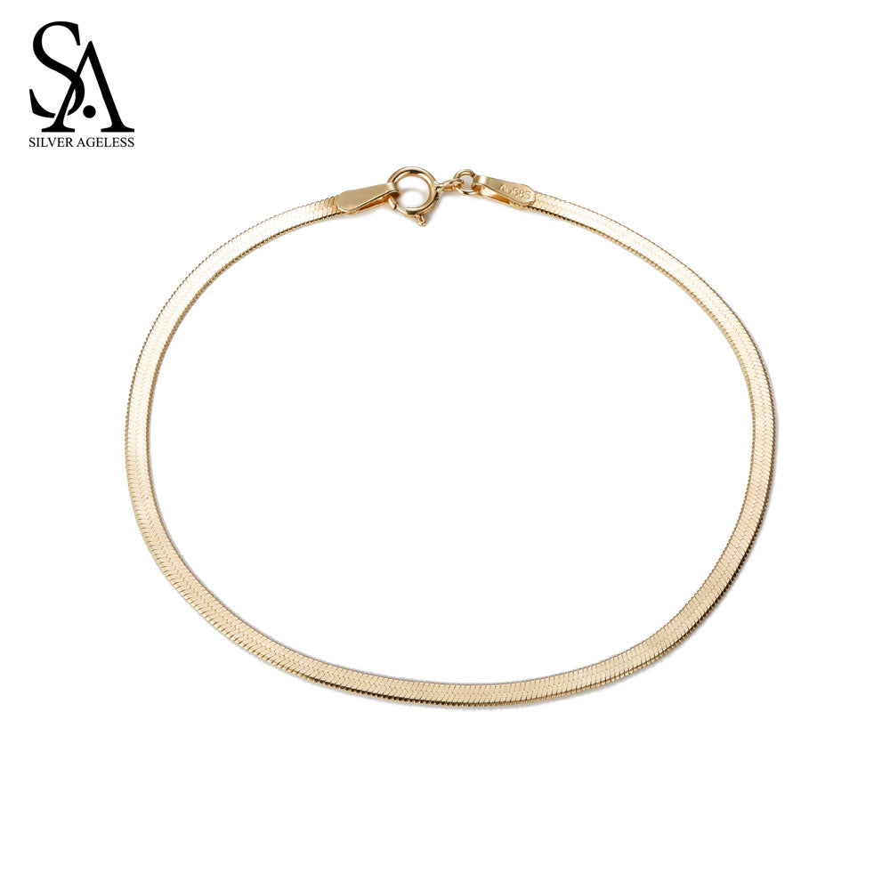 14K Pure Yellow Gold Snake Bones Bracelet For Women Fine Jewelry Wide 2mm Flat Thin Chain Bracelet Fashion Gift