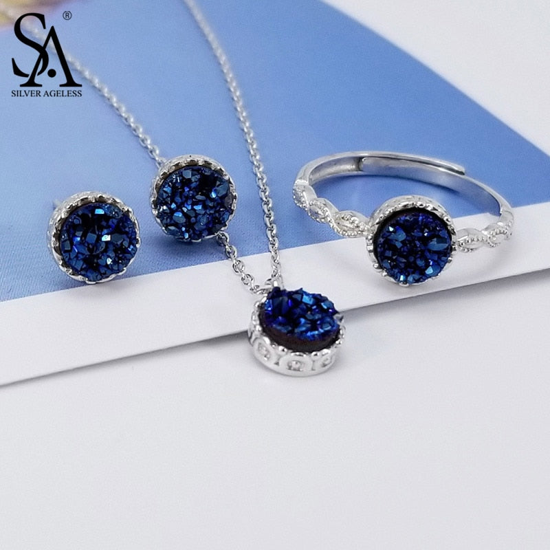 925 Sterling Silver Round Blue Agate Crystal 3-pieces Set Pendant Necklace Stud Earring Wedding Rings Jewelry Set