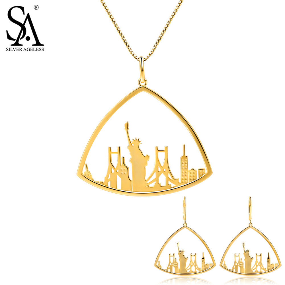 925 Sterling Silver Triangle Gold Color Plated Drop Earrings Pendant Necklace Jewelry Sets Woman 925 Silver Set