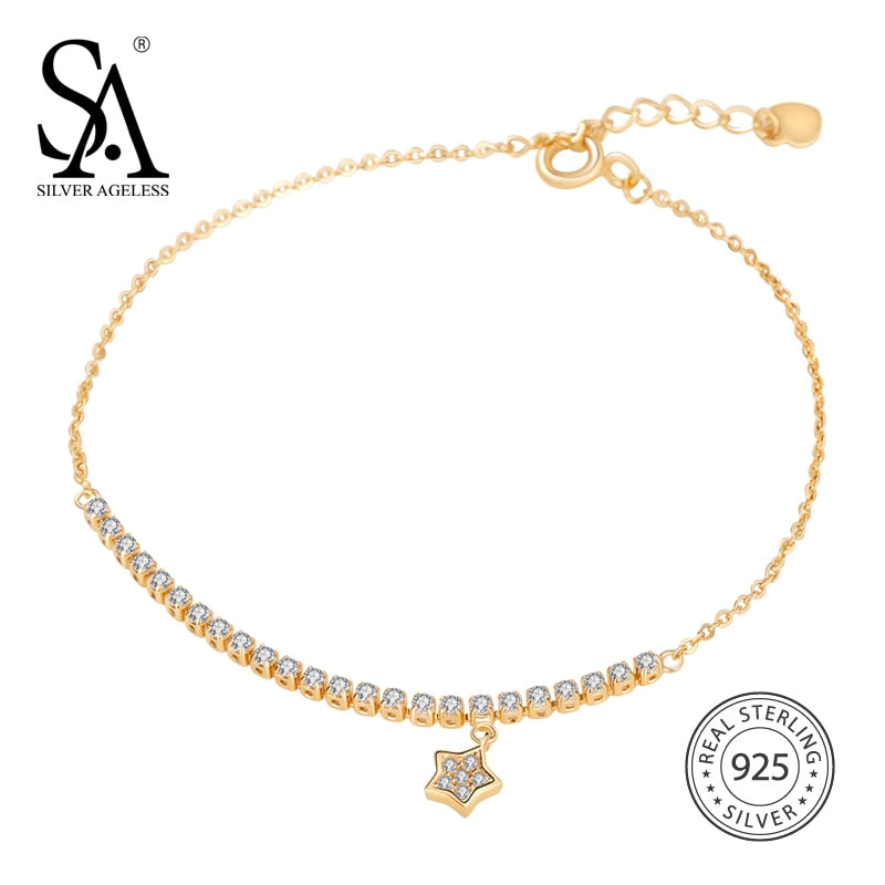 925 Sterling Silver Zircon Star Chain Bracelets & Bangles for Women Jewelry 14K Gold Color Chain Link Bracelet