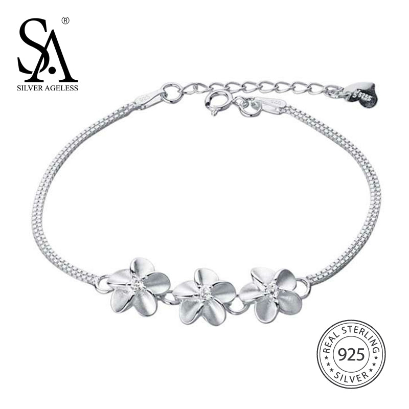 Real 925 Sterling Silver Flowers Link Bracelets for Women Fine Jewelry Two Layer Silver Chain 2020 New Arrival