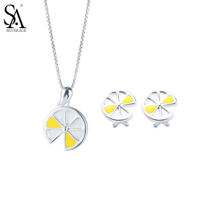 SILVERAGE 2020 New Arrival 925 Sterling Silver Jewelry Sets for Women Pendant Necklaces Stud Earrings Yellow Lemon Fine Jewelry