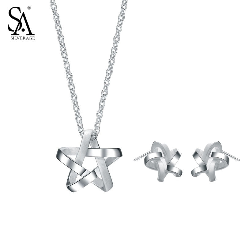SILVERAGE Genuine 925 Sterling Silver Fine Jewelry Weaved Star Stud Earrings Star Pendant Necklace for Women Jewerly Sets
