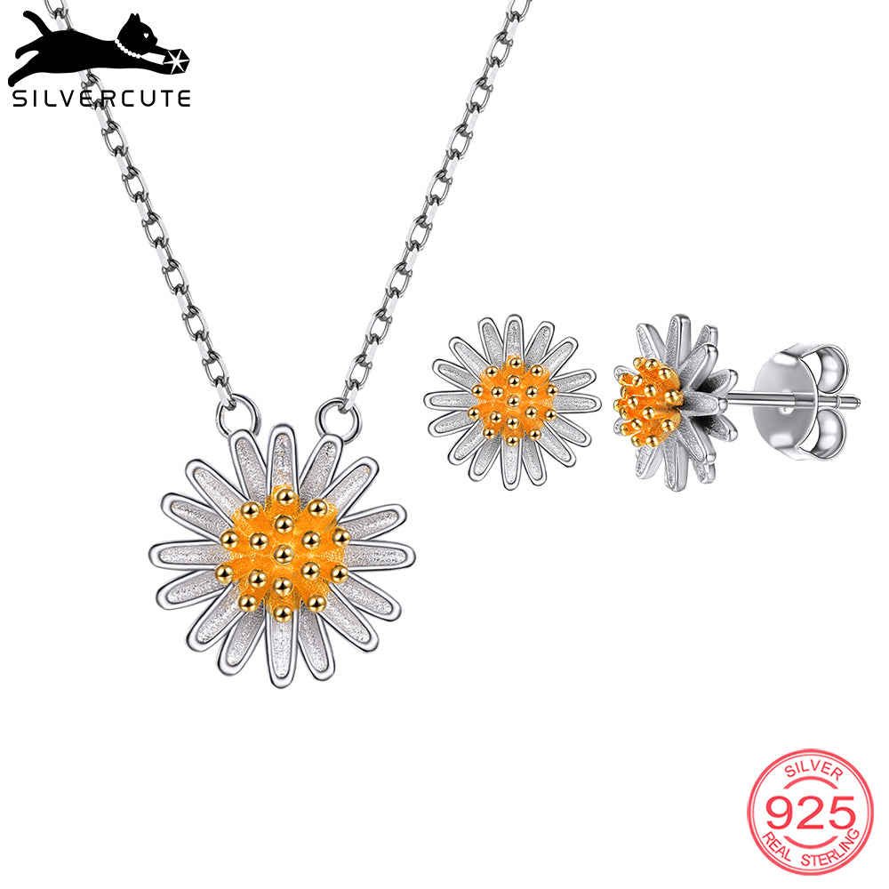 925 Sterling Silver Jewelry Set For Woman Pure Deep Love Flower Daisy Necklace Earrings bijoux ensemble SCPE6018BK