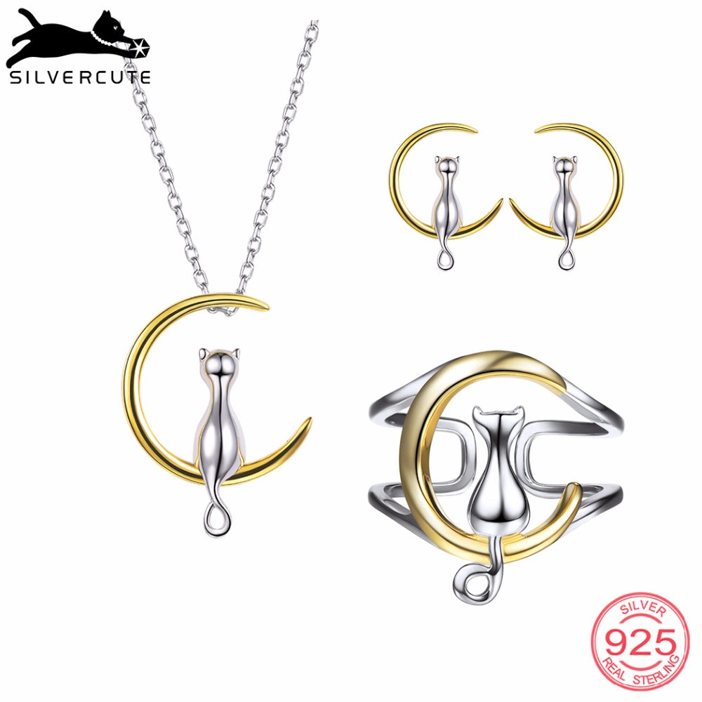 925 Sterling Silver Jewelry Sets Women Two Tone Gold & Silver Cat on the Moon Necklace Earrings Ring Set SCPER6010BK