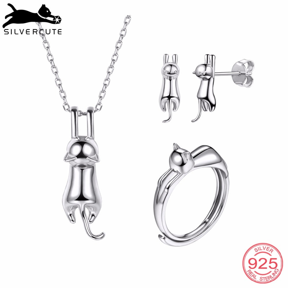 925 Sterling Silver kitty Cat Necklace Stud Earrings Ring Jewelry Set For Women parure bijoux argent Gift SCPER6009B