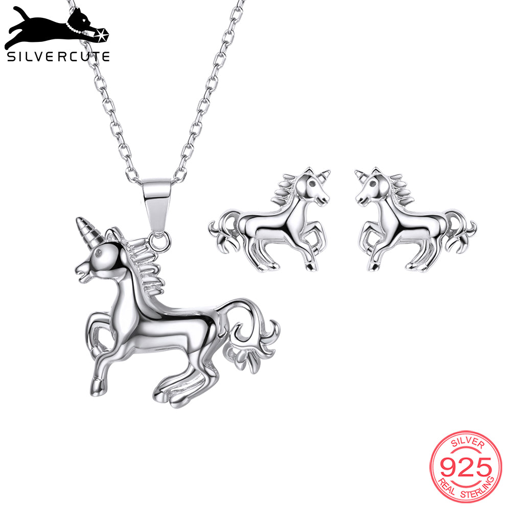 Authentic 925 Sterling Silver Myth Unicorn Horse With Horn Necklace & Earrings Exquisite Women Jewelry Sets SCPE6014B