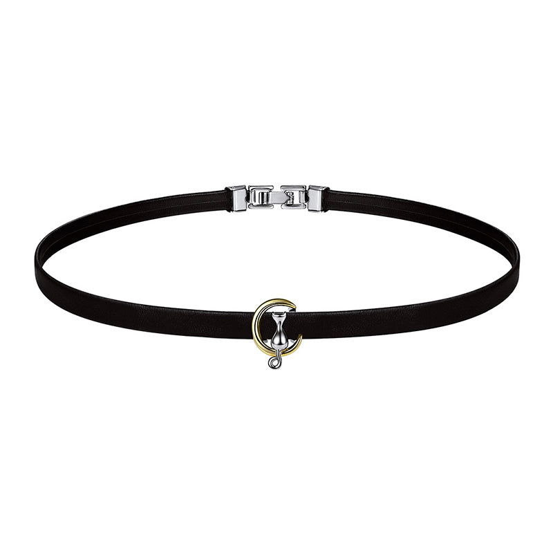 Black Leather Choker Necklaces For Women Jewelry Accessories Silver Moon Cat /Bee Charms Korean Fashion SCN6010BK