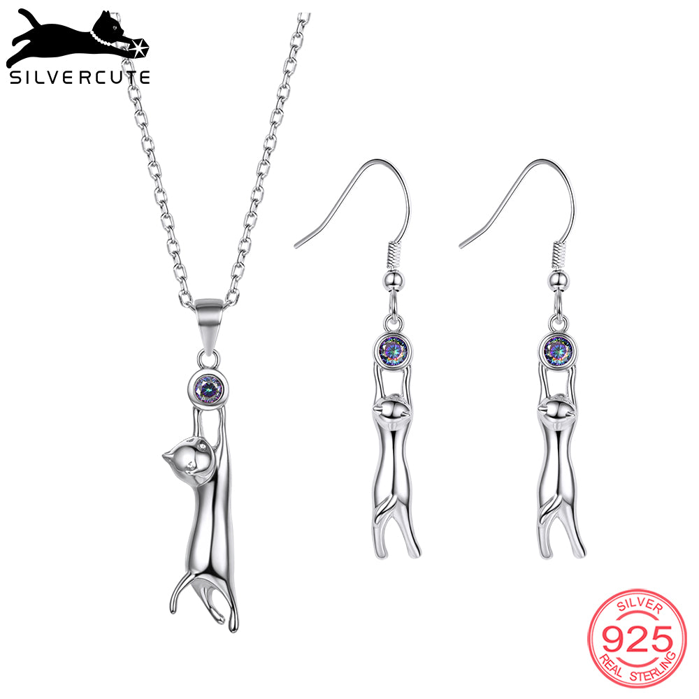 Cat Kitty Jewelry Sets Women Girls Authentic 925 Sterling Silver Necklace Earrings Set With Topaz Gemstone SCPE6025B
