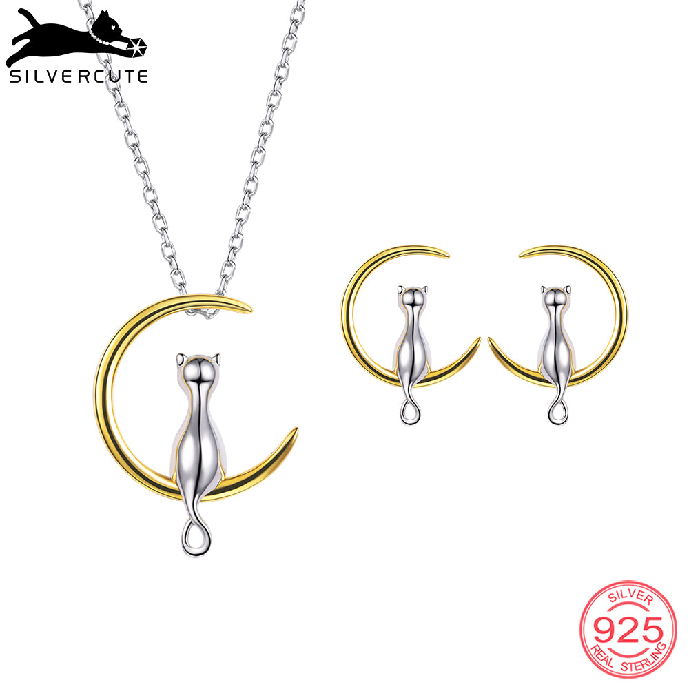 Fashion Gold Color Moon Cat Necklace Earrings 925 Sterling Silver Cute Animal Fine Female Jewelry Set SCPE6010BK
