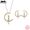 Fashion Gold Color Moon Cat Necklace Earrings 925 Sterling Silver Cute Animal Fine Female Jewelry Set SCPE6010BK