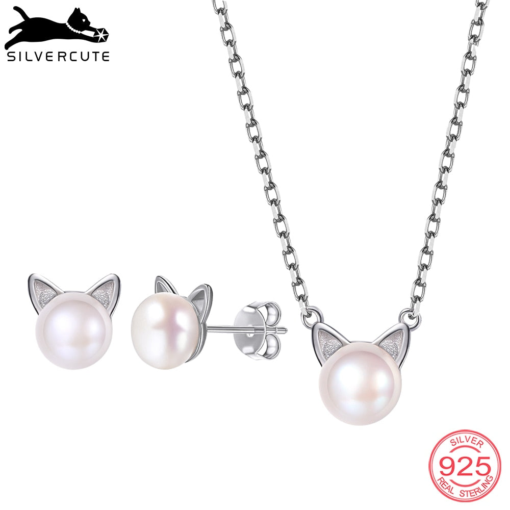 Pearl Jewelry Sets Genuine 925 Sterling Silver Cat Ear Pearl Necklace And Earring Set For Women SCPE6008B