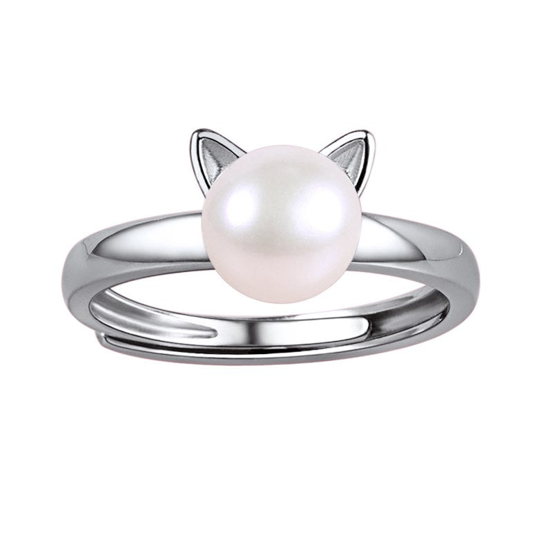 Pearl Rings For Women Girls Genuine 925 Sterling Silver Gold Color Cat Ear Open Ring Fine Jewelry SCR6008B