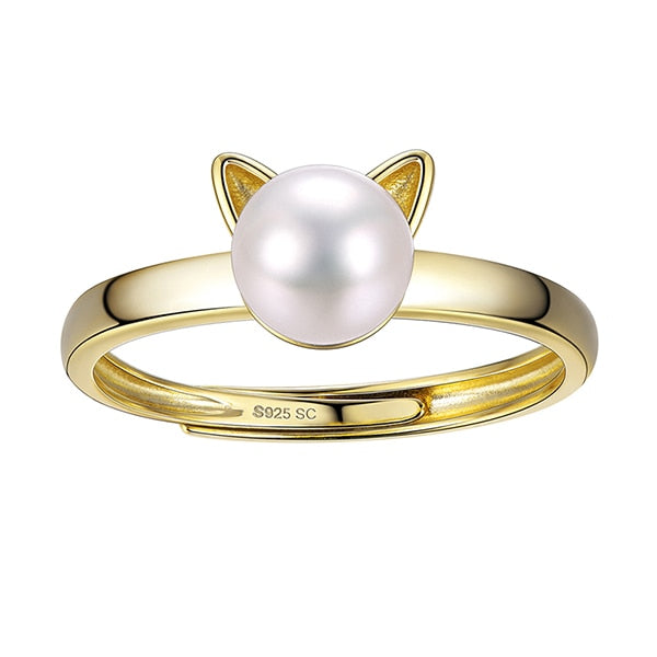 Pearl Rings For Women Girls Genuine 925 Sterling Silver Gold Color Cat Ear Open Ring Fine Jewelry SCR6008B