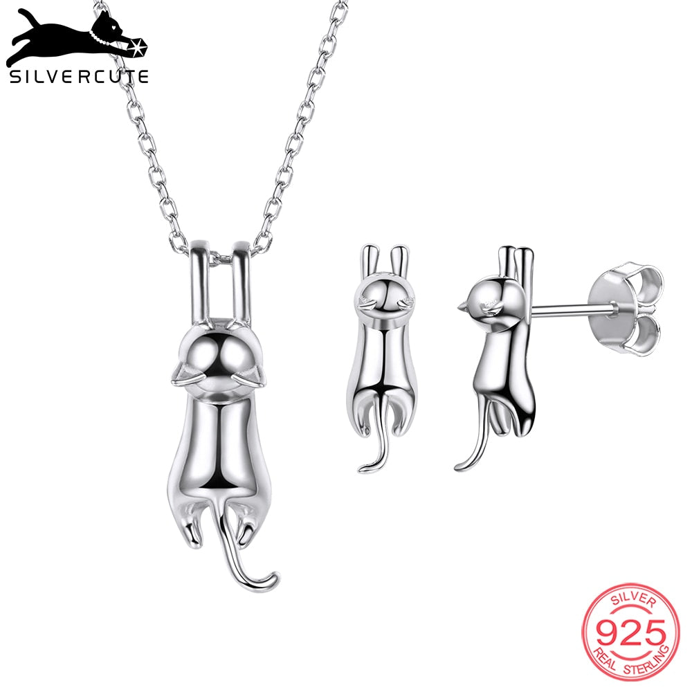 Genuine 925 Sterling Silver Cute Cat Animal Necklace Stud Earrings Jewelry Set Women parure bijoux argent SCPE6009B