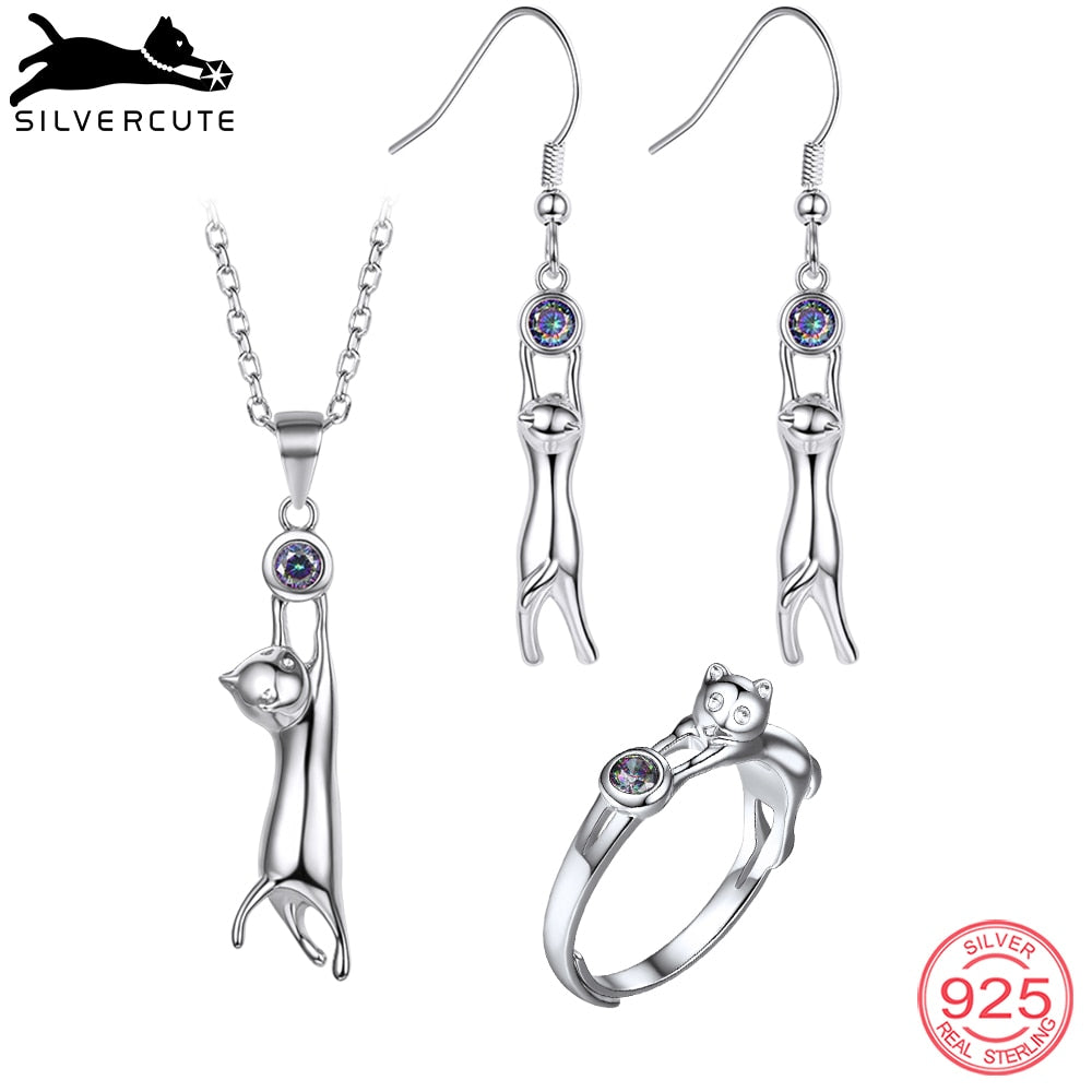 Topaz Stone Cat Kitty Ring Necklace Drop Earrings Jewelry Set For Women joyas de plata 925 conjuntos sets SCPER6025B