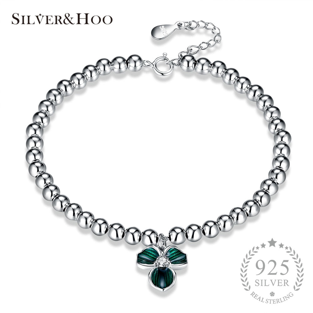 925 Sterling Silver Beaded Bracelets Dark Green Flower Crystal Charm Jewelry for Women Gift Bangles Anniversary