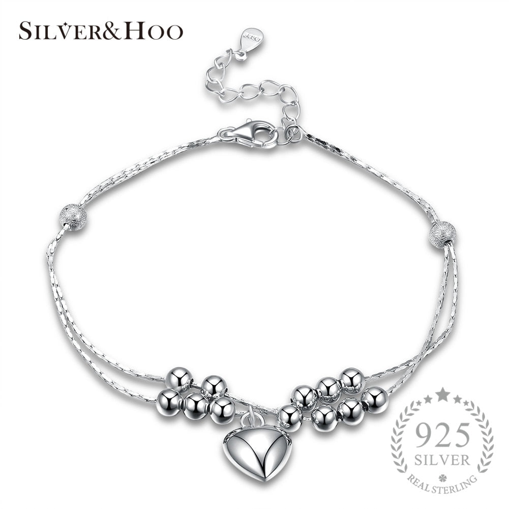 925 Sterling Silver Romantic Heart Double Chain Link Bracelet & Bangle for Women Fine Jewelry Classic Romantic Wedding