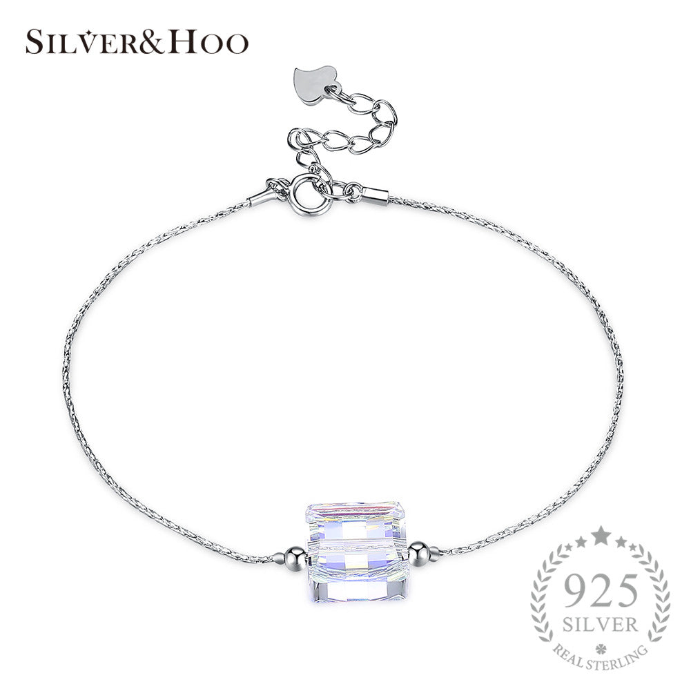 925 Sterling Silver Square Crystal Bracelets Romantic Fine Jewelry for Women Bangles with Link Chain Gift