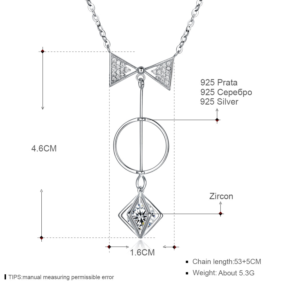 Chic Long Bow-knot Zircon Pendant Necklace 925 Sterling Silver Sweater Chains Necklace Brand Jewelry for Girls Women