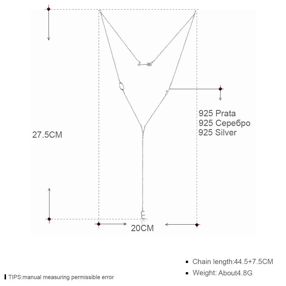 Chic Long Geometric LOVE Pendant Necklace 925 Sterling Silver Sweater Chains Necklace Cupid's Arrows Jewelry for Women
