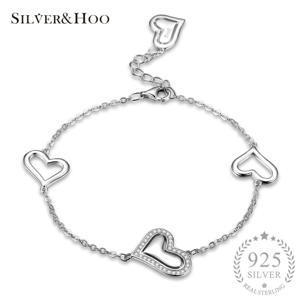 Christmas Gift Trendy Romantic Jewelry Heart Cubic Zirconia Link Chain Bracelet for Women 925 Sterling Silver Bangles